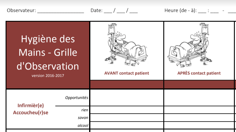 Grille d'observation : infirmier - hygiène des mains - avant contact avec patient - après contact avec patient