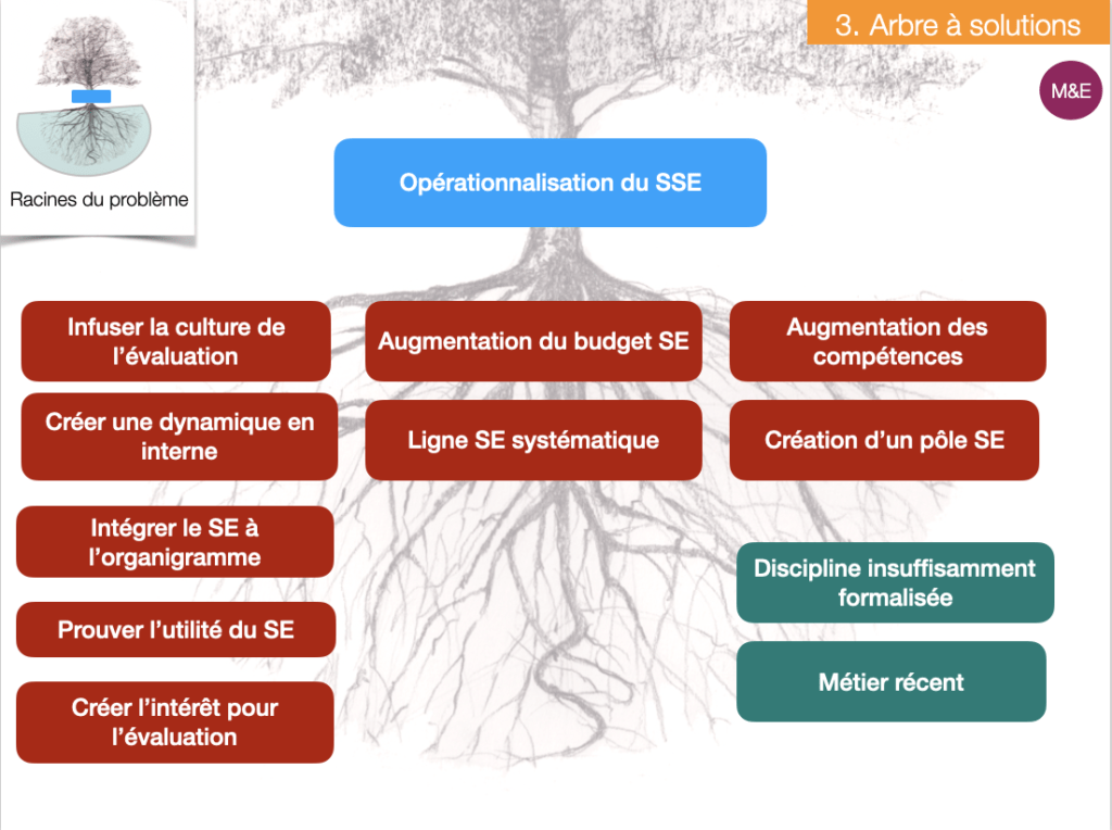 Les solutions : infuser la culture de l'évaluation, créer une dynamique en interne, intégrer le suivi évaluation à l'organigramme, prouver l'utilité du suivi évaluation, créer l'intérêt pour l'évaluation, augmentation du budget SE, ligne SE systématique, augmentation des compétences, création d'un pôle suivi évaluation, ...